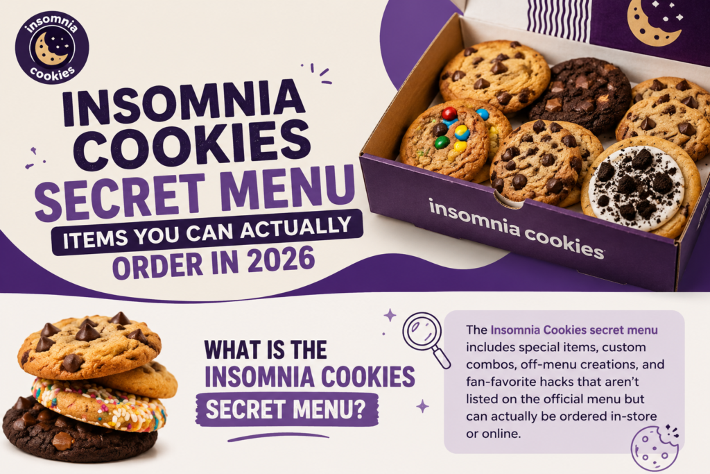 Insomnia Cookies Secret Menu blog header showing cookies in a branded box with purple theme and text highlighting secret menu items available in 2026.